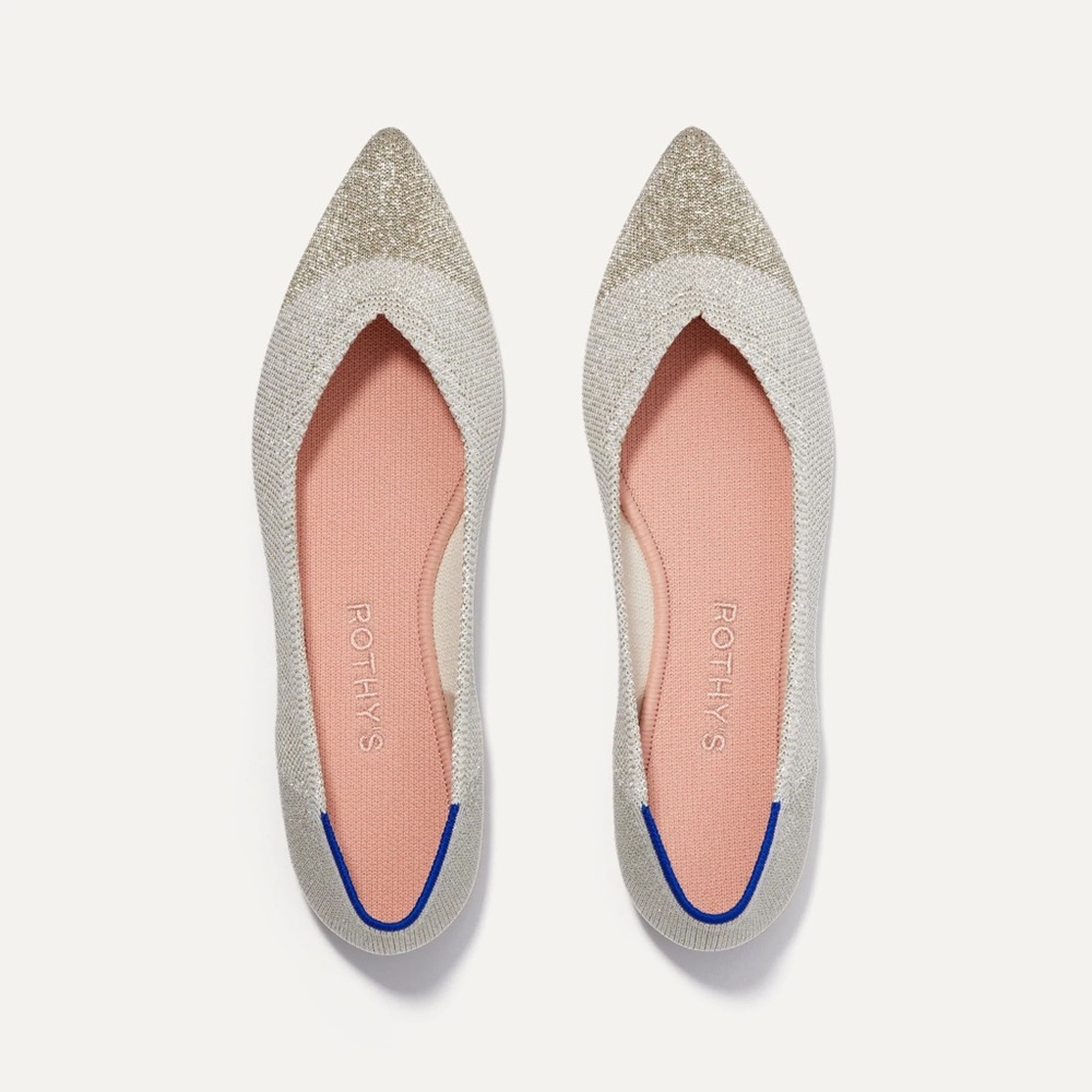 NEW Rothy’s The Point Diamond Metallic Wedding Flats Cream Platinum 8.5 - Picture 2 of 7